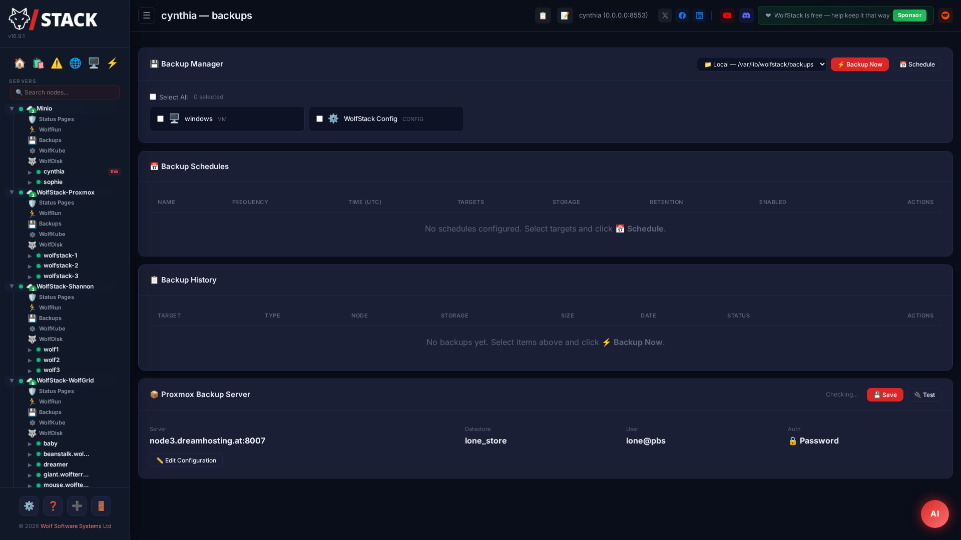 WolfStack backup scheduling and management