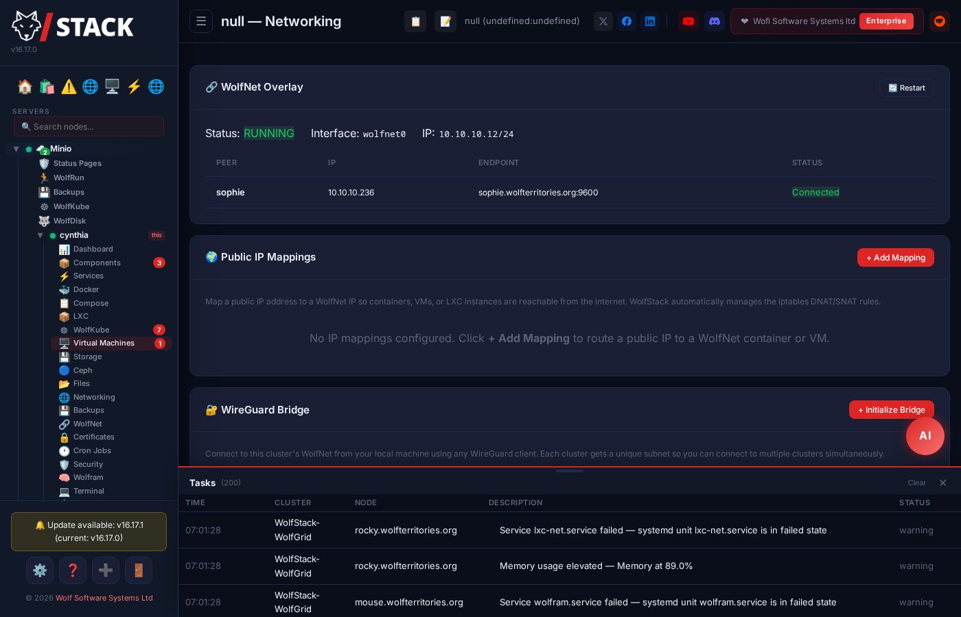 Networking — interfaces, VLANs, DNS, WolfNet VPN