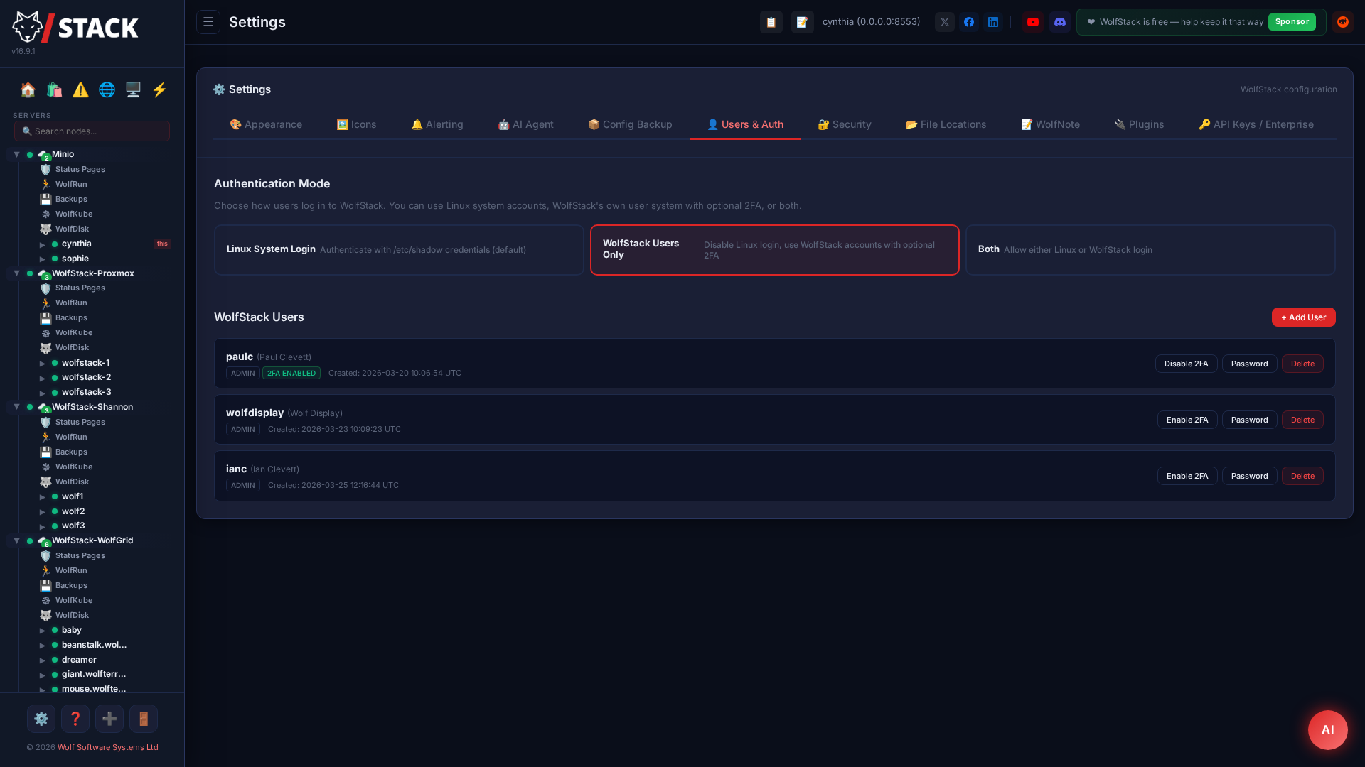 WolfStack Users & Auth settings showing authentication mode selection and user management