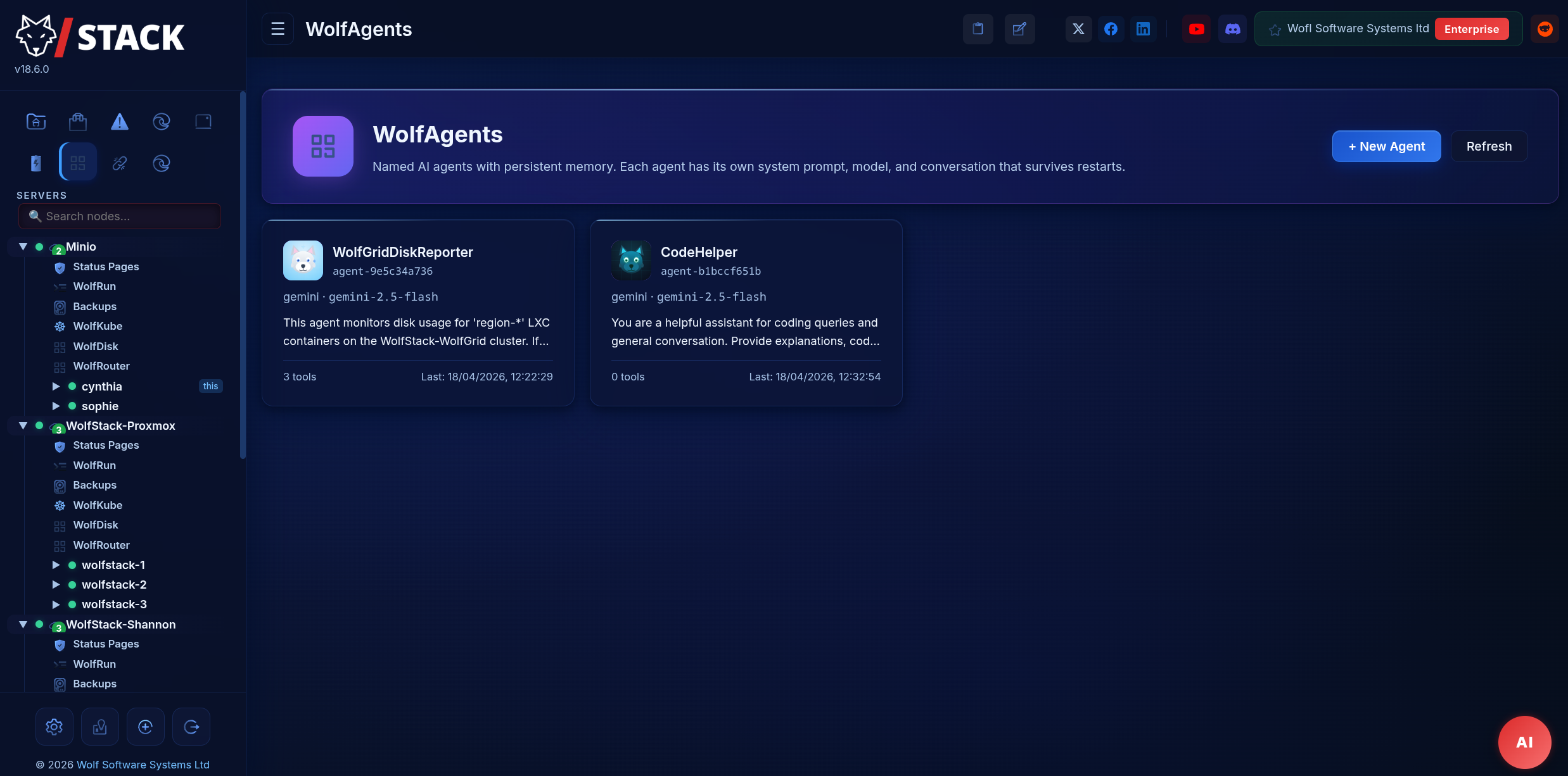 WolfAgents — named AI agents with persistent memory, tool use, and Discord / Telegram / WhatsApp bridges